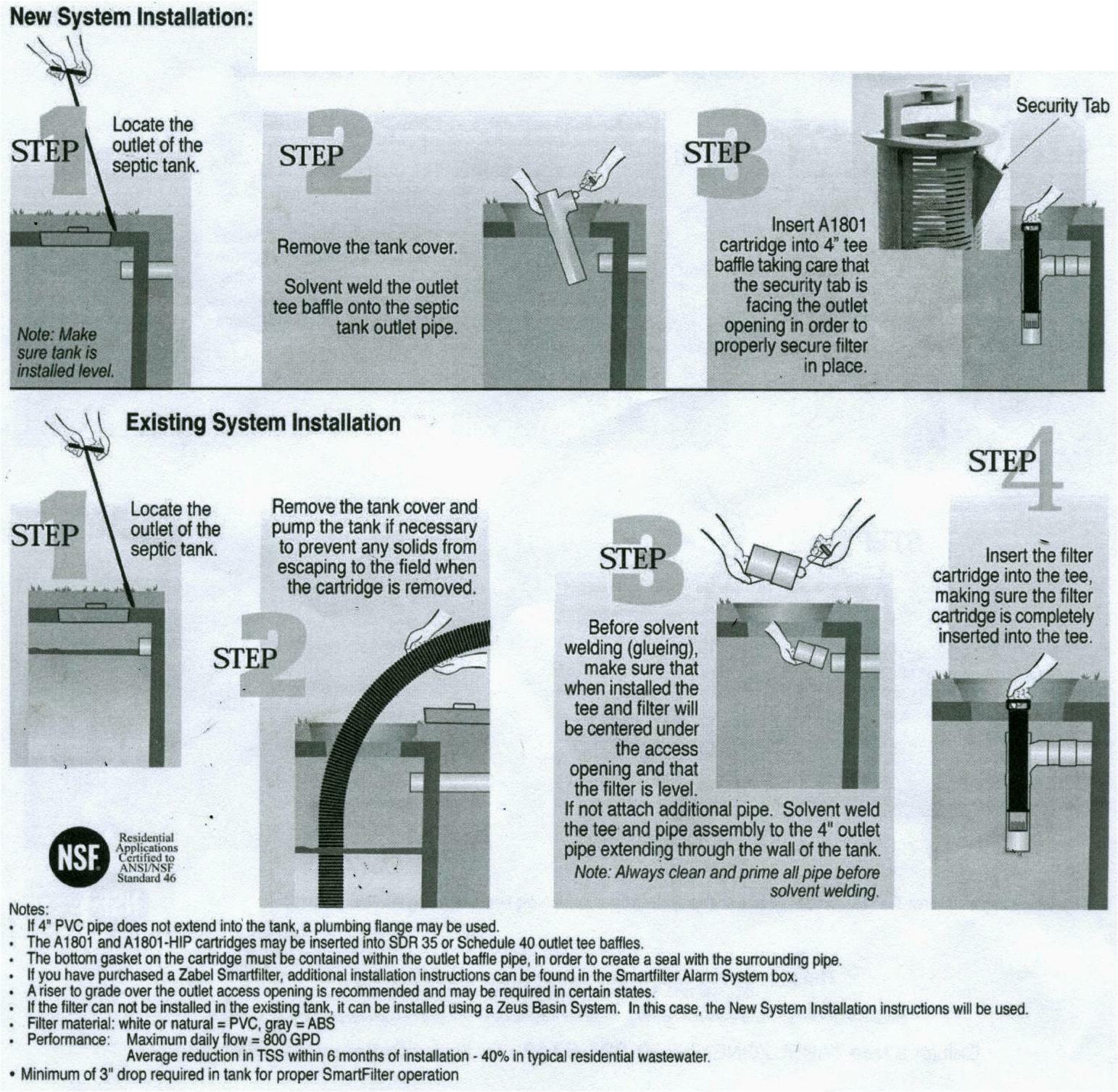 Installation instructions for life-time service, non-electric septic tank settling basin filter in outlet side of tank   